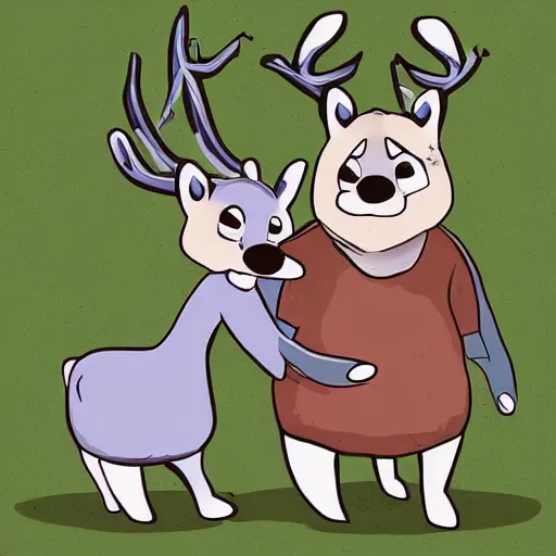 Image similar to a big and round anthropomorphic blueberry deer being rolled by his raccoon husband, digital art