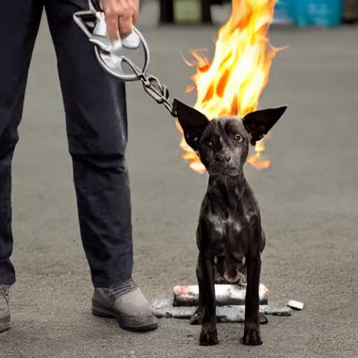 Image similar to upright dog person stand on two legs and starts a fire