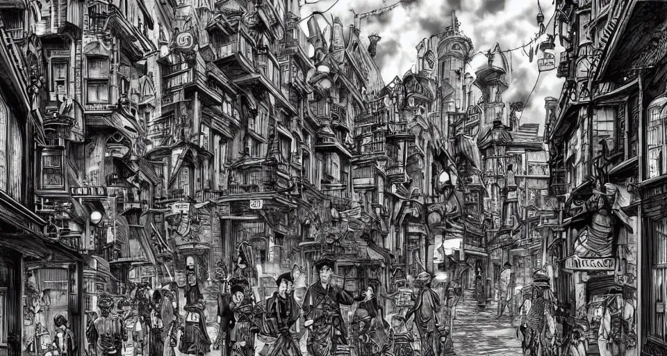 Image similar to steampunk city streets by junji ito, trending on artstation