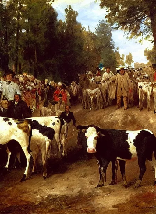 Image similar to artwork painting of acow being led into the slaughter house by eugene von guerard, ivan shishkin, john singer sargent