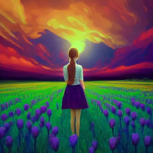 Prompt: girl with a giant tulip head, surreal photography, flower field, sunset dramatic light, impressionist painting, colorful clouds, blue sky, digital painting, artstation, simon stalenhag