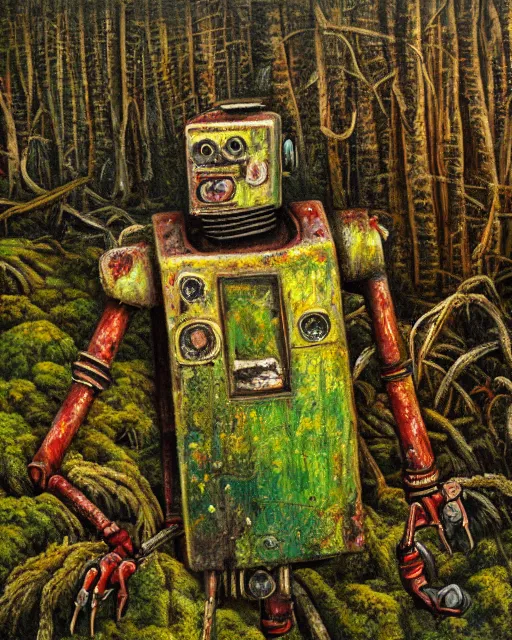 Image similar to detailed oil painting of a decayed, rusty, robot, covered in moss, in a forest, painted by Greg Rukowtski, sunlight