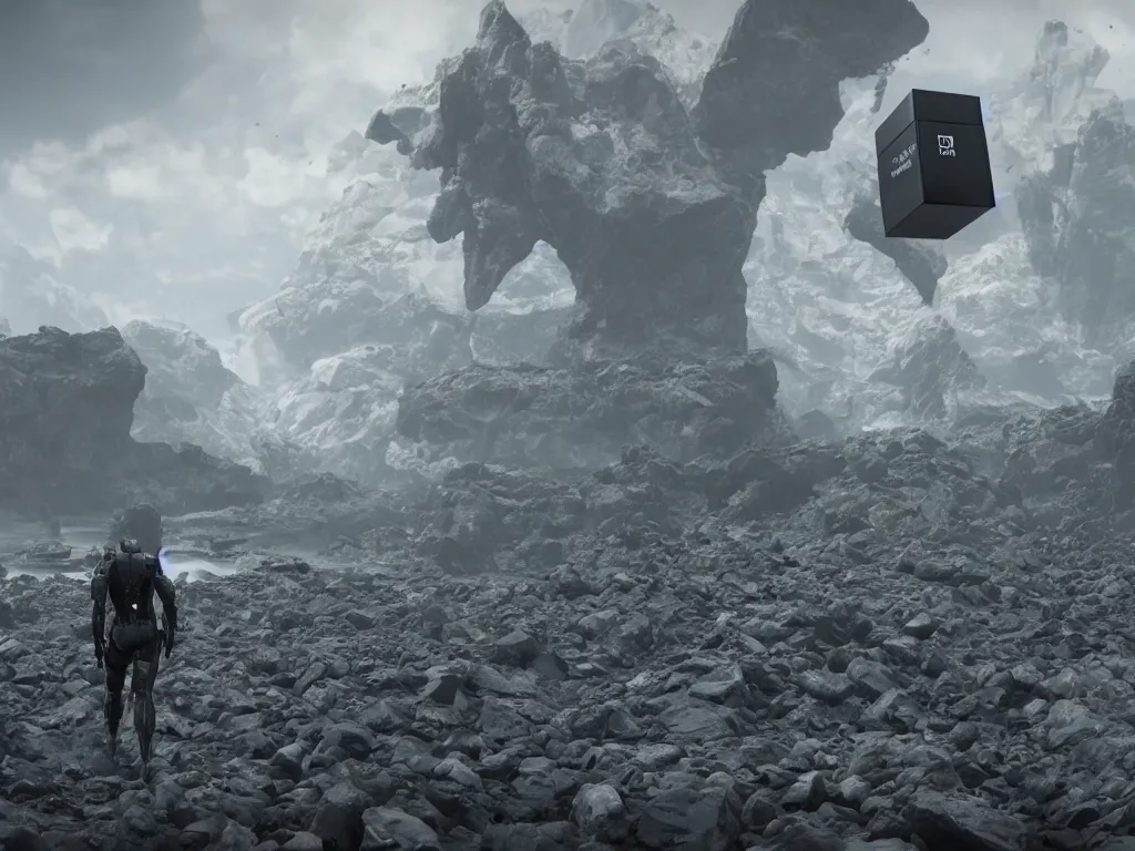 Image similar to Death Stranding black cube in air, rendered in Unreal