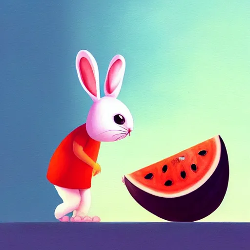 Prompt: a painting of a bunny and a watermelon, a storybook illustration by goro fujita, trending on cgsociety, pop surrealism, 2 d game art, storybook illustration, behance hd