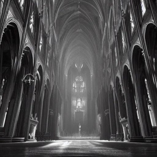 Prompt: an ultra detailed black and white matte painting of the throne of the evil patriarch up incredibly high looking down into the cathedral, incense smoke drifting through the air, artstation, volumetric lighting, exquisite detail, octane render, 8 k postprocessing, art by john collier and albert aublet