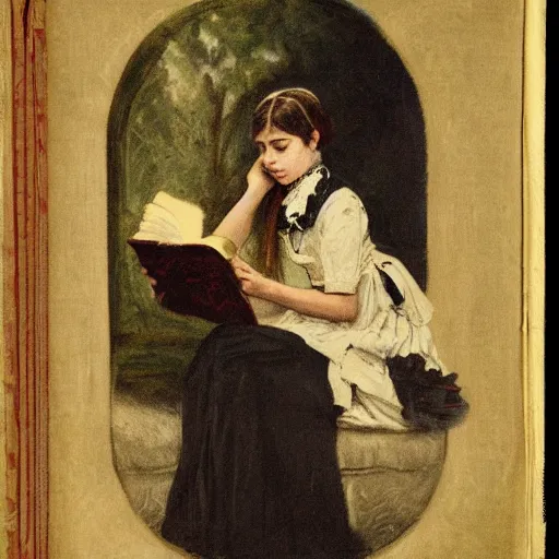 Prompt: scared young victorian lady reading a horror book with an occult symbol on the cover, painted by alfred stevens