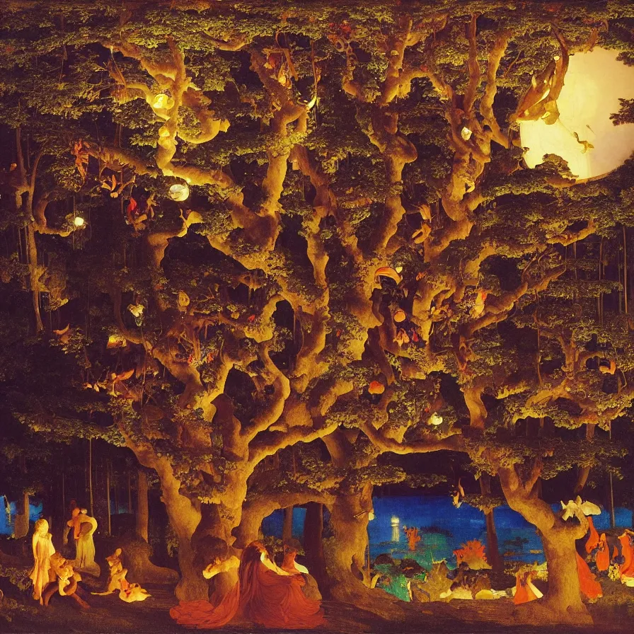 Prompt: a night carnival around a magical tree cavity, with a surreal orange moonlight and fireworks in the background, next to a lake with iridiscent water, christmas lights, folklore animals and people disguised as fantastic creatures in a magical forest by summer night, masterpiece painted by frederic leighton, dark night environment