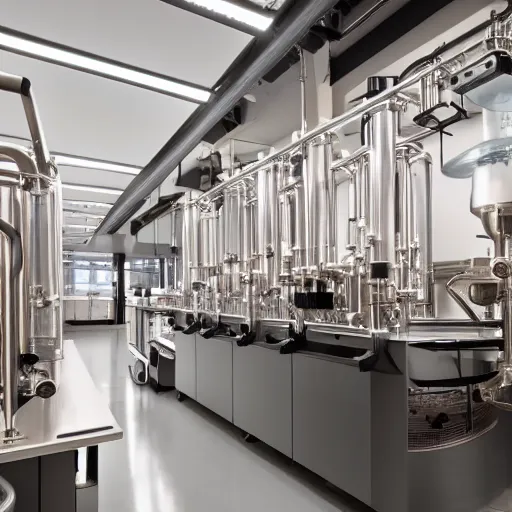 Image similar to a complex, high-end, laboratory with chemistry paraphernalias used to brew coffee, ambient lighting, 4K