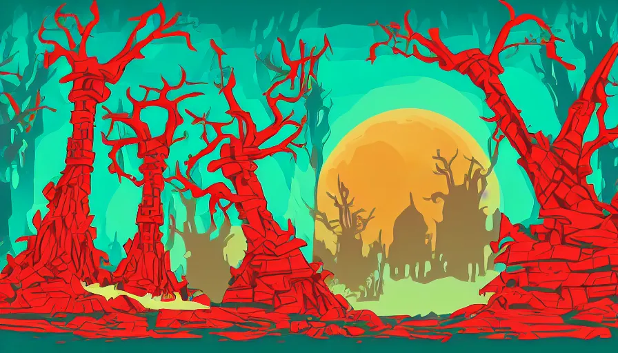 Image similar to alien ruins between gigantic red trees, colorful, vector style drawing
