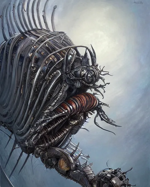 Prompt: death is swallowed up in victory, very detailed and beautiful portrait of a giant mechanical wasp, screaming with fear, giant mechanical bird, artwork by artgerm, art by h. r. giger