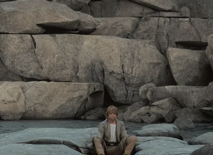 Image similar to screenshot of Luke Skywalker sitting around rocks floating in the air, outside on the rocky jedi temple, iconic scene from the last jedi, 1980s film directed by Stanley Kubrick, great portrait of Mark Hammill, cinematic lighting, kodak, stunning moody cinematography, with anamorphic lenses, crisp, detailed portrait, 4k image