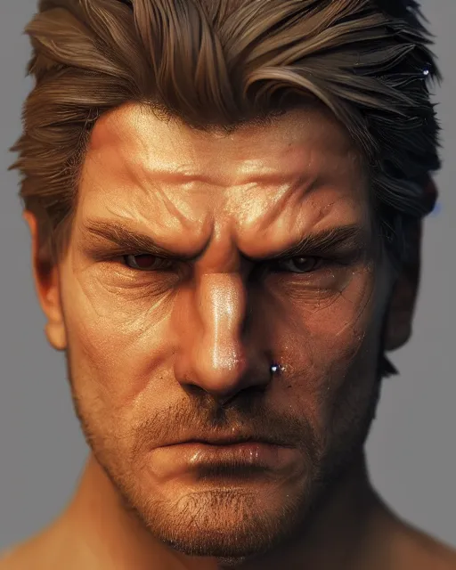 Image similar to solid snake bust portrait, cinematic lighting, backlit face, tired expression, close - up, black atmospheric background, 4 k ultra detailed photorealistic render, best of artstation hdr, redshift houdini