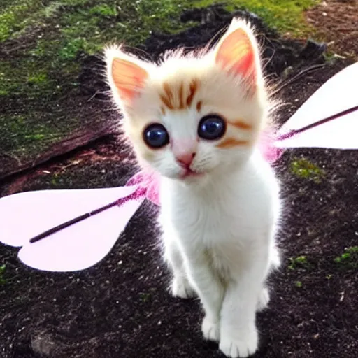 Prompt: a cute kitten with fairy wings, cottage core, fairy aesthetics