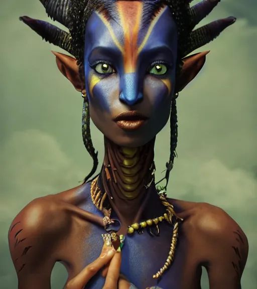 Prompt: an epic fantasy comic book style portrait painting of a very beautiful industrial goth nafi thiam as neytiri na'vi from avatar, character design by mark ryden and pixar and hayao miyazaki, unreal 5, daz, hyperrealistic, octane render, cosplay, rpg portrait, dynamic lighting, intricate detail, harvest fall vibrancy, cinematic