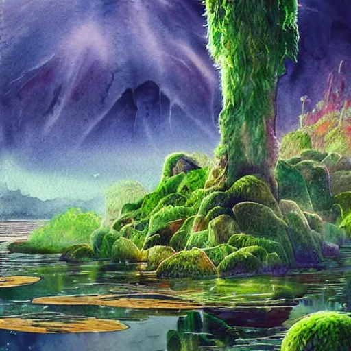 Image similar to beautiful detailed watercolor of a lush natural scene on a colourful alien planet by vincent bons. ultra sharp high quality digital render. detailed. beautiful landscape. weird vegetation. water. soft colour scheme. grainy.