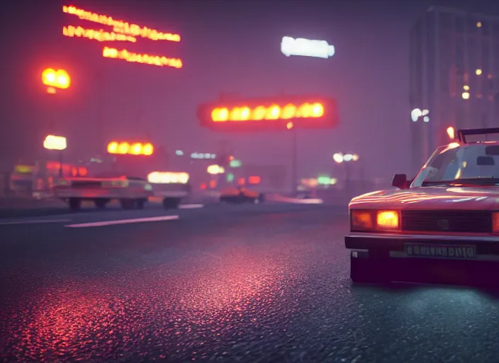 Prompt: gta game in moscow, 1 9 9 0, playstation 5 screenshot, mega details, dark night, orange lights, heavy rain, fog, beautiful rtx reflections, soviet suburbs, photorealistic, unreal engine 5, octane render, volumetric light, cg society, 4 k, 5 0 mm bokeh, russian lada car, artstation