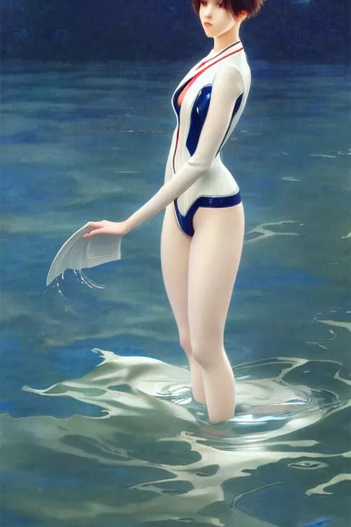 Image similar to a beautiful ayanami rei wearing a plugsuit emerging from the water, oil on canvas, sensuality, artstation, by j. c. leyendecker and edmund blair leighton and charlie bowater, instagram photo