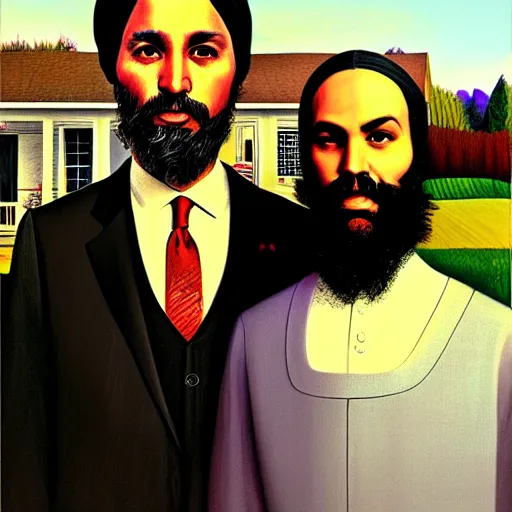 Image similar to Justin Trudeau with Jagmeet Singh in the american gothic painting, concept art, sharp focus, highly detailed digital painting by Gustave Corbet, artstation