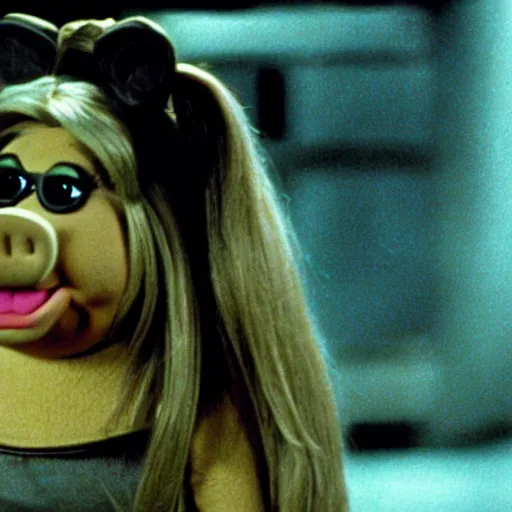 Image similar to movie still of miss piggy starring as trinity in the matrix 1 9 9 9 movie fighting agent smith