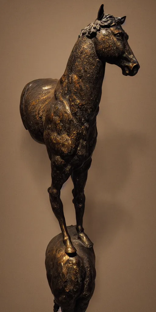 Image similar to detailed photo of an old bronze patina statue of a horse, full body portrait, various pose, photorealism, intricate detail, museum diffuse lighting