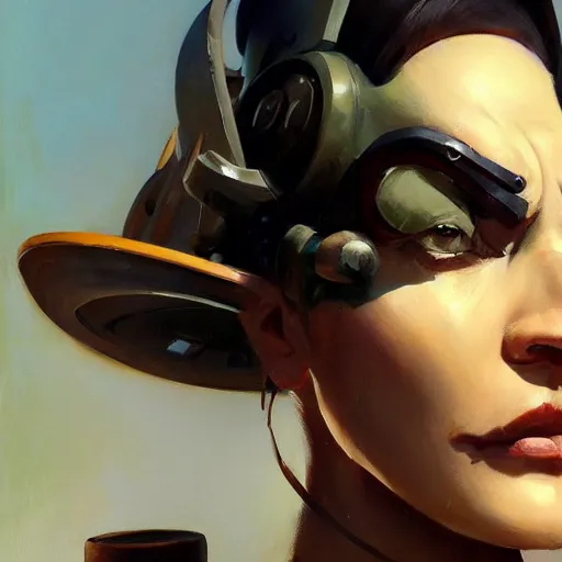 Image similar to greg manchess close - up portrait painting of a beautiful older female dieselpunk orc with olive green skin as an overwatch character, medium shot, asymmetrical, profile picture, organic painting, sunny day, matte painting, bold shapes, hard edges, street art, trending on artstation, by huang guangjian and gil elvgren and sachin teng