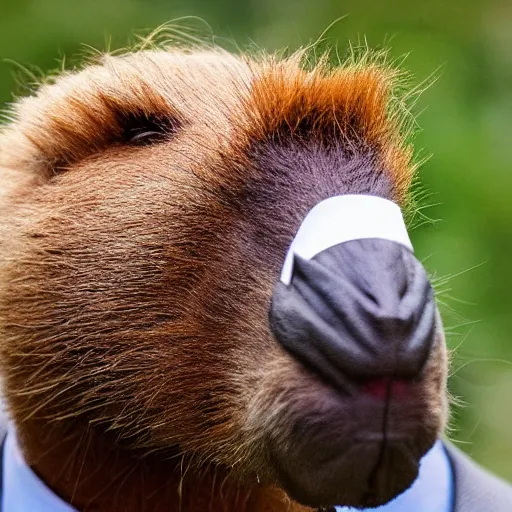 Image similar to capybara head, a man wearing a suit capybara head (smoking cigar)