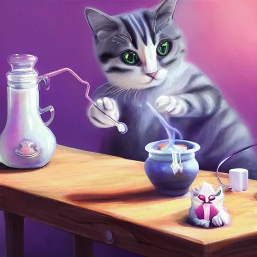 Image similar to a painting of cute cat brewing a magic potion at the table, hyper realistic, very detailed, trending on artstation