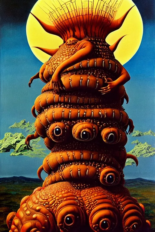 Image similar to a queen on top of a giant tardigrade retro japanese monster slimy leather, oil painting, 7 0 s vintage art, by georgia o keeffe, by gustave dore, by frank frazetta, nausicaa
