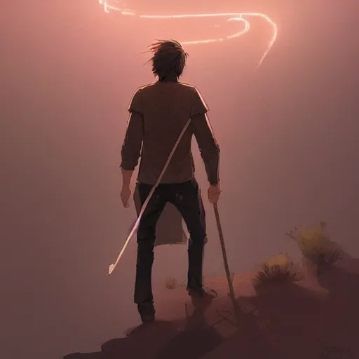 Prompt: a young man with gray hair,a stylish beard,walking through a desert with a glowing stick,digital art,art by greg rutkowski,trevor henderson,rossdraws,character design,concept art,western comic style,sharp lines,photorealiatic,hyperdetailed,detailed face,high quality,professional lighting,glowing