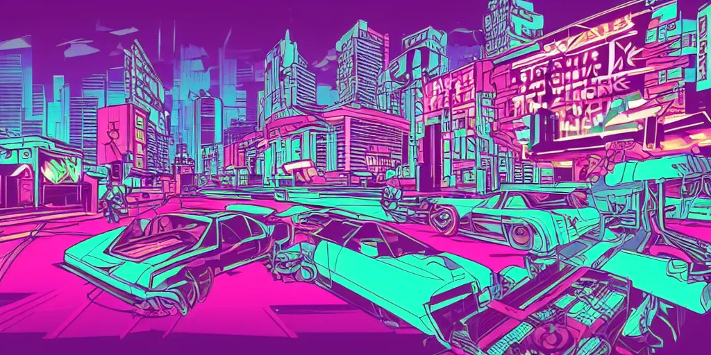 Prompt: vaporwave, vector graphics, ninja turtles, synthwave, neon, cityscape