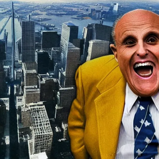 Image similar to a hyper detailed realistic color photograph of Rudy Giuliani laughing maniacally wearing a yellow speedo squatting acting sensually and acting inappropriately on top of the world trade center rubble pile