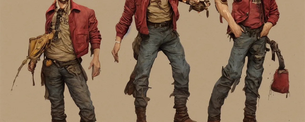 Prompt: character design, turnaround, complete character, 40's adventurer, unshaven, optimistic, stained dirty clothing, straw hat, riding boots, red t-shirt, dusty brown bomber leather jacket, detailed, concept art, photorealistic, hyperdetailed, 3d rendering , art by Leyendecker and frazetta,