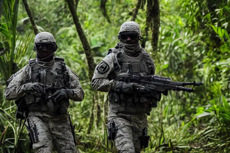 Image similar to Mercenary Special Forces soldiers in grey uniforms with black armored vest in a battlefield in the jungles 2022, Canon EOS R3, f/1.4, ISO 200, 1/160s, 8K, RAW, unedited, symmetrical balance, in-frame, combat photography