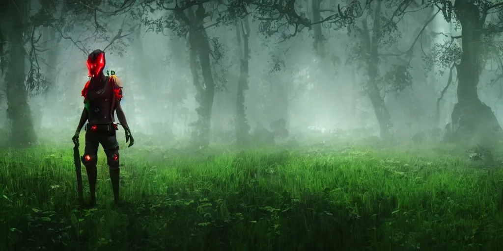 Image similar to inside of lush summer green landscape a strange gamekeeper wearing a steampunk and cyberpunk mechanical fluorescent mystical animal mask and red hood. walking in the misty swamp. in style of fornite game. night fog, matte painting, beautiful render, octane render, concept art