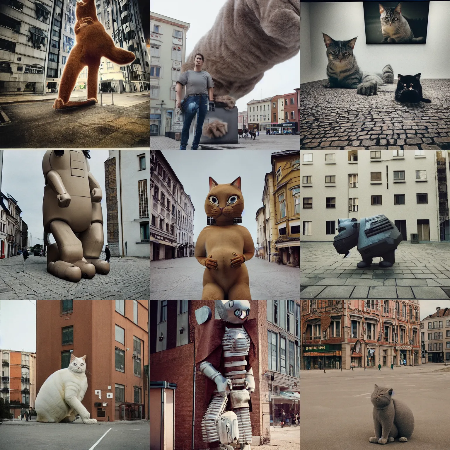 Prompt: giant oversized cat as cyborg, in legnica, full body shot, cinematic focus, polaroid photo, vintage, neutral dull colors, soft lights, realistic film still close up by by victor enrich, by gregory crewdson