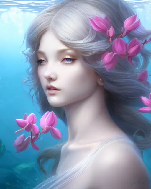 Image similar to character art of a goddess of magnolias as underwater angelic young female | | seductive - fine - face, pretty face, key visual, realistic shaded perfect face, fine details by stanley artgerm lau, wlop, nekro, james jean, andrei riabovitchev, marc simonetti, and sakimichan, trending on artstation