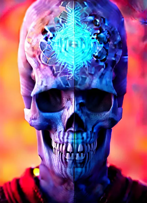 Image similar to 3 d shaman with tattoos profile portrait, sigma 5 0 0 mm f / 5. beautiful intricate highly detailed skull. bioluminescent, plasma, frost, water, wind, creature, gradient background, thunderstorm! artwork by tooth wu and wlop and beeple and greg rutkowski, 8 k trending on artstation,