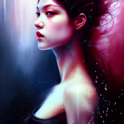 Image similar to rose of blackpink, hyperrealistic portrait, bladerunner street, by karol bak and agnes cecile, fantasy art, photo realistic, dynamic lighting, artstation, poster, volumetric lighting, very detailed face, intricate complexity, rule of thirds, 8 k, award winning