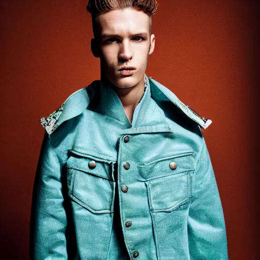 Prompt: an award - winning closeup editorial photo of a male model wearing a teal distressed baggy medieval cotton menswear jacket by alexander mcqueen, 4 k, studio lighting, wide angle lens