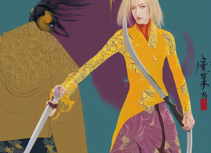 Image similar to breathtaking detailed pattern pastel colors, action scene from kill bill, with uma thurman ( kill bill ) in yellow kimono, with hatori hanzo katana sword and autumn leaves, by hsiao - ron cheng, bizarre compositions, exquisite detail, enhanced eye detail