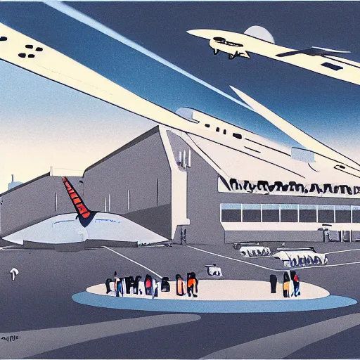 Prompt: Illustration of an Air Base by animator Georges Schwizgebel, 1978