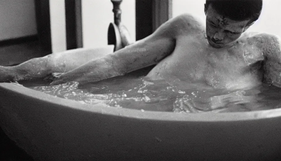 Image similar to hyper detailed movie still of marat knife at the chest, in a bath flooded with blood, cinestill 8 0 0 t 3 5 mm, high quality, heavy grain, high detail, cinematic composition, dramatic light, anamorphic, ultra wide lens, hyperrealistic, by josef sudek