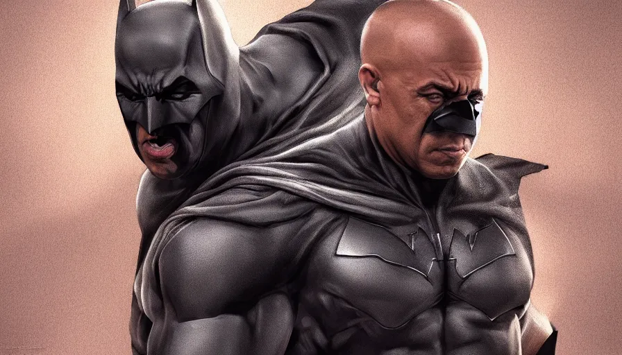 Prompt: Vin Diesel is unmasked Batman, hyperdetailed, artstation, cgsociety, 8k