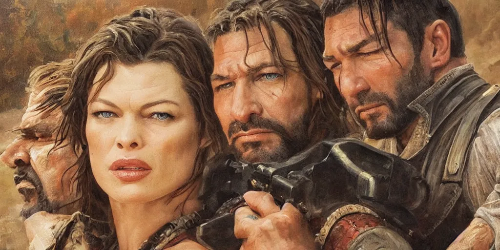 Prompt: oil painting medium close up of Mila Jovovich and Dave Bautista in the old west in a rustic cabin on the prairie