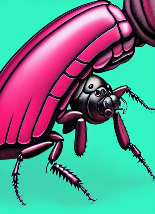 Image similar to caricature picture of a human beetle, pink insects, professionally color graded, interesting angle, sharp focus, 8 k high definition, insanely detailed, intricate, funny, art by jacob shaw and studio ghibli