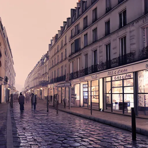 Image similar to night cliché of Paris' street with a lot of little stores open, pretty and smooth lightening 8k unreal engine render