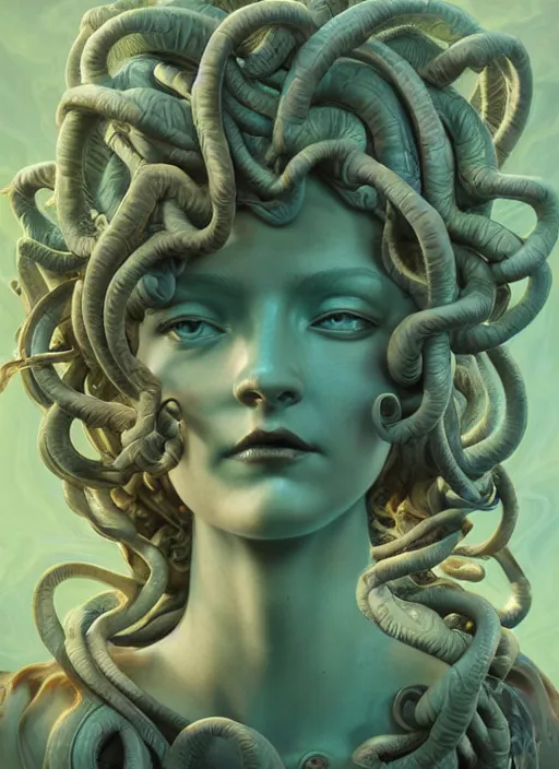 Prompt: medusa wax sculpture, art nouveau swirls, strong subsurface scattering, in the style of james jean and tomasz alen kopera, mystical colors, rim light, soft lighting, 8 k, stunning scene, raytracing, octane render, trending on artstation