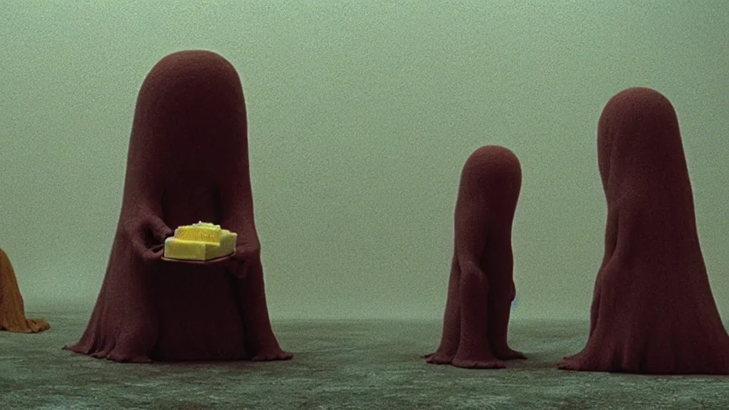 Prompt: the strange creature, made of milk and cheese, they look at me, film still from the movie directed by denis villeneuve and david cronenberg with art direction by salvador dali and zdzisław beksinski