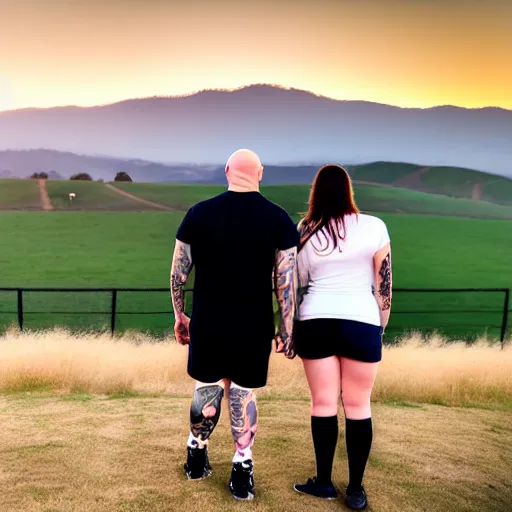 Image similar to portrait of a young chunky bald white male tattoos and his young white female brown hair wife with tattoos. male is wearing a white t - shirt, tan shorts, white long socks. female is has long brown hair and a lot of tattoos. photo taken from behind them overlooking the field with a goat pen. rolling hills in the background of california and a partly cloudy sky