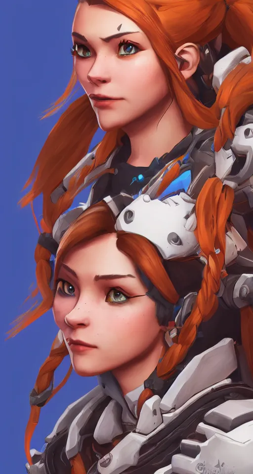 Image similar to one character, overwatch, brigitte, horizon zero dawn, aloy, digital art, high detailed, artstation